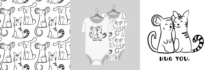 eamless pattern and illustration for kid with mouse and cat. Best friends bundle. Hug you text. Cute design pajamas. Baby background for fashion t-shirt print, birthday invitation card, wrapping