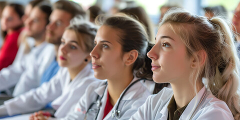 Obraz premium An audience of medical students or professionals are pictured in an educational or conference setting, focused on a presentation