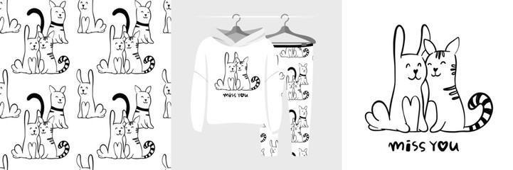 Seamless pattern and illustration for kid with rabbit and cat. Best friends bundle. Miss you text. Cute design pajamas. Baby background for fashion t-shirt print, birthday invitation card, wrapping