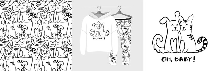 Seamless pattern and illustration for kid with dog and cat. Best friends bundle. Oh, baby text. Cute design pajamas. Baby background for fashion t-shirt print, birthday invitation card, wrapping