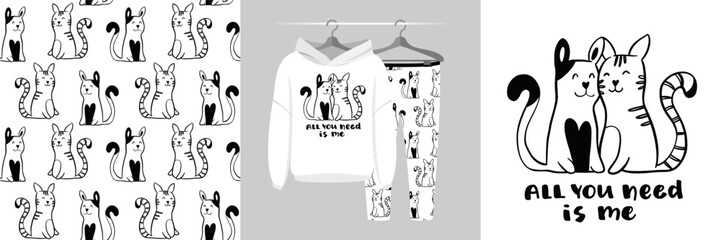 Seamless pattern and illustration for kid with two cats. Best friends bundle. All you need is me. Cute design pajamas. Baby background for fashion t-shirt print, birthday invitation card, wrapping