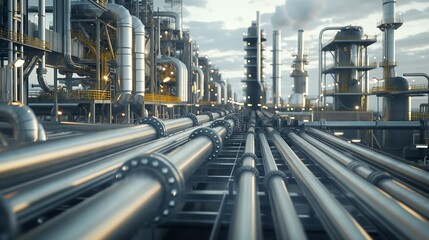 A complex network of pipelines at a biorefinery producing aviation biofuel, with emphasis on sustainable energy flow and clean technology.