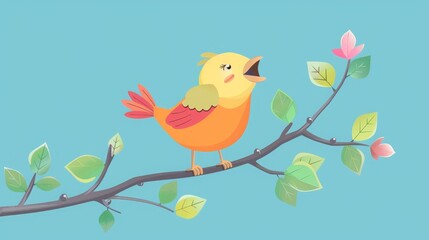 Obraz premium Colorful bird singing on a tree branch, surrounded by fresh green leaves and blooming flowers against a bright blue sky