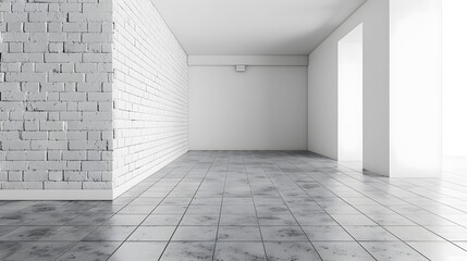 Fototapeta premium Empty room interior with a white brick wall and concrete floor, mock up for design presentation. Background of an empty studio or office space with white walls.