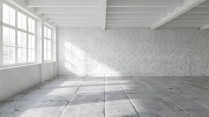 Obraz premium Empty room interior with a white brick wall and concrete floor, mock up for design presentation. Background of an empty studio or office space with white walls.