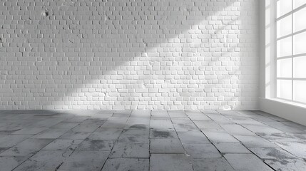 Obraz premium Empty room interior with a white brick wall and concrete floor, mock up for design presentation. Background of an empty studio or office space with white walls.