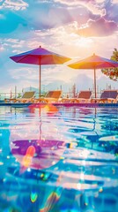 Bright and colorful swimming pool scene with umbrellas reflecting on the serene water surface under a vibrant sky.