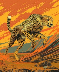 Naklejka premium Dynamic Cheetah Running Through Vibrant Sunset Grasslands