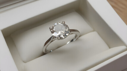 Single stone diamond ring in box, Generative AI