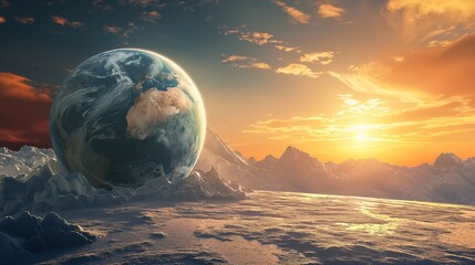 An Earth globe where the polar ice caps are preserved and thriving, supported by global efforts in renewable energy usage that reduce climate change impact, set in a hopeful, sunrise scene.
