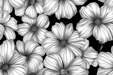 A black and white drawing of flowers with a black background