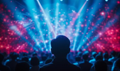 An energetic business conference, with keynote speakers presenting futuristic technology trends to an audience of entrepreneurs and innovators, under a canopy of interactive light displays