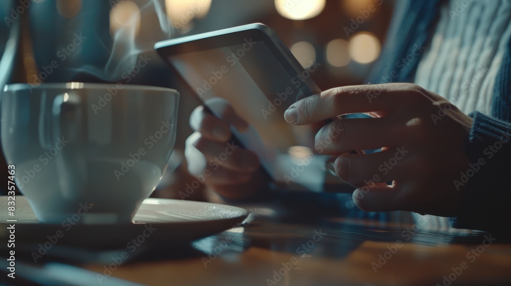 Poster close-up of a professional using a technology digital tablet to manage remote team projects with cof