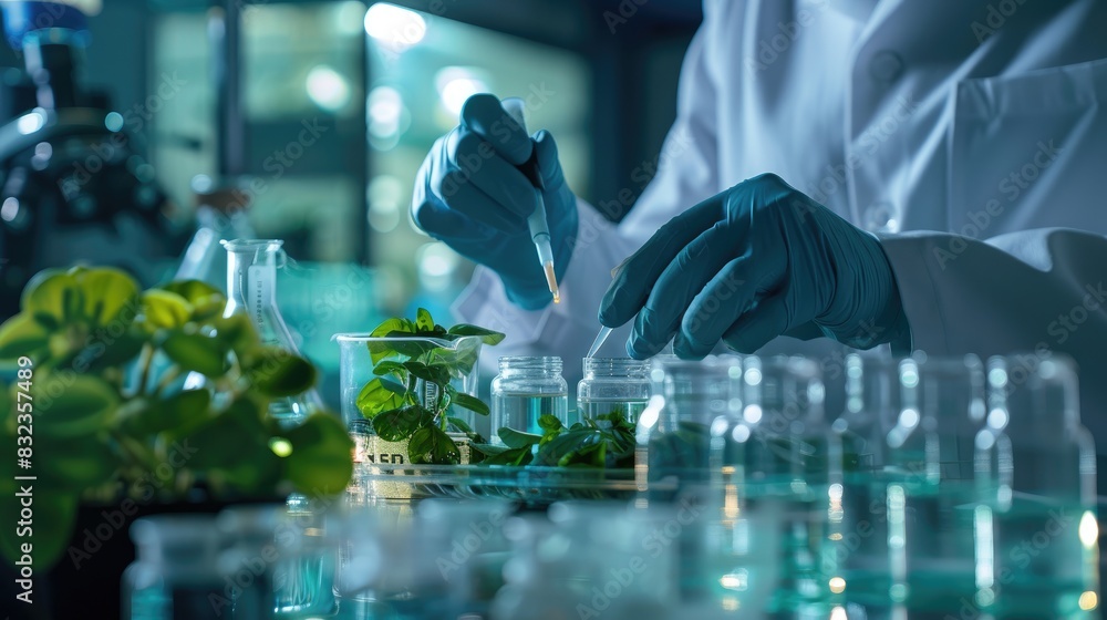 Aufkleber close-up of a scientist developing biodegradable materials in a lab, test samples in view.