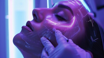 Close-up of a patient receiving a personalized skincare treatment based on their genetic analysis, illustrator style, clinic interior with advanced technology