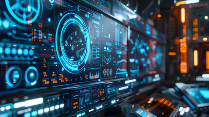 Fototapeta premium The image shows the control panel of a spaceship with many buttons, lights and screens.