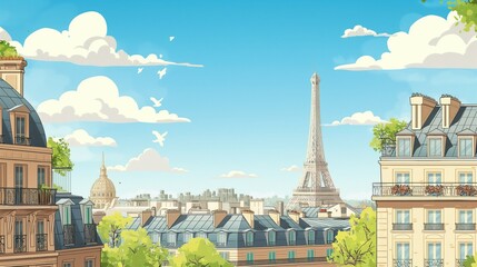 Scenic View Of Parisian Rooftops With Eiffel Tower In The Distance On A Sunny Day