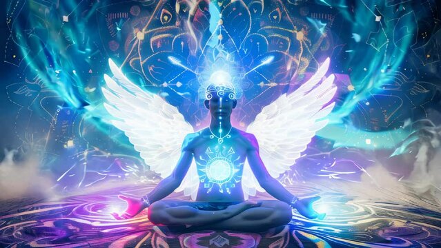 A meditating being with wings and a chakra system glowing