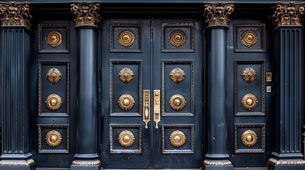 Elegant double doors with ornate gold accents and pillars.