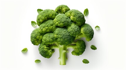 A fresh green broccoli floret on a pure white background.