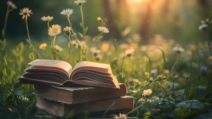 The open book lies on the green grass in the middle of the meadow, among the flowers