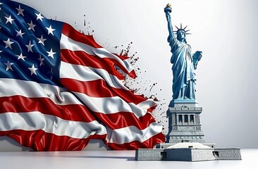 3D render illustration statue of liberty and wave american flag. Independence day of america. fourth july, banner, illustration.