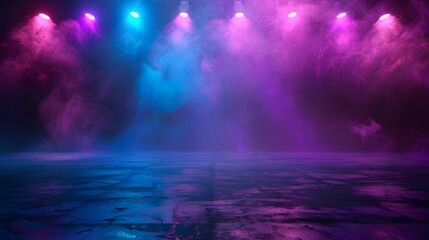 Empty stage with light smoke and neon lights.
