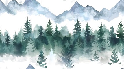 Fototapeta premium Hand painted watercolor illustration, seamless pattern of misty forest