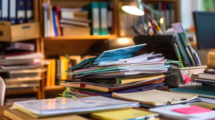 Multiple books are piled neatly on top of a wooden table