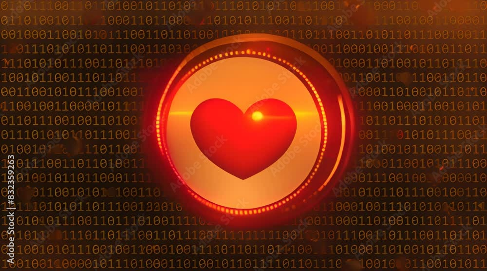 Poster digital heart on golden binary code background online dating concept