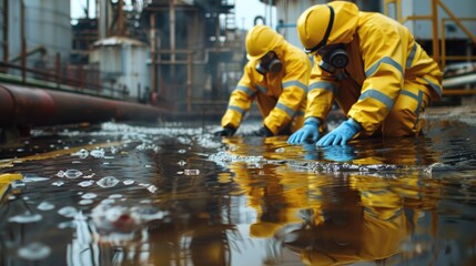 Two workers in yellow hazmat suits and gas masks, cleaning up an oil spill in an industrial area, demonstrating environmental remediation efforts.