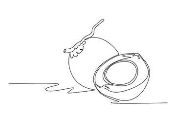 Continuous one line drawing whole and sliced healthy sweet organic coconut for orchard logo identity. Fresh fruitage concept for fruit garden icon. Single line draw design vector graphic illustration