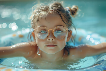 Naklejka premium A little girl with a cute face, wearing glasses and a hairpin, playfully splashes in the pool while holding onto a bright inflatable ring, as the water sparkles in the sunlight