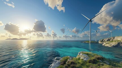 Wind turbines standing in the ocean near a rocky shore, harnessing renewable energy under a bright, cloudy sky.