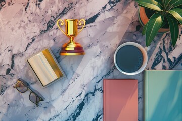 Top view flat design of a trophy next to a book, 3D render with a tetradic color scheme close up, academic excellence, vibrant, Overlay, study desk backdrop