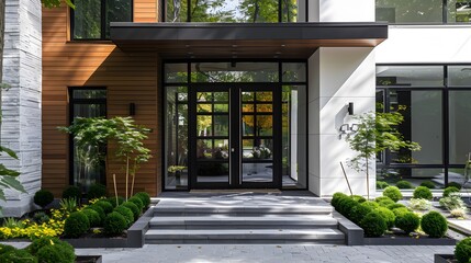 Modern house with black aluminum door frames, wooden panels and glass windows on the front of which there is an entrance to one large double doors with chrome details.