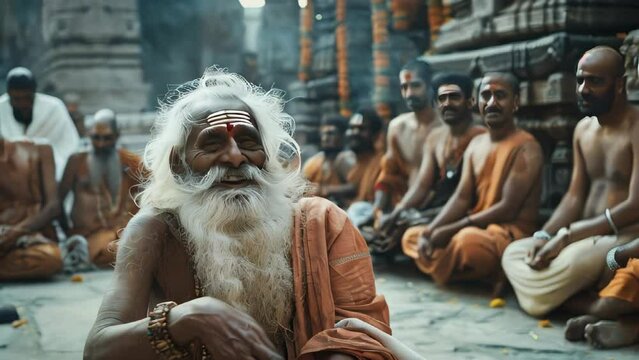 An Indian old sadhu sitting under a tree with a group of disciples