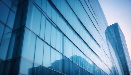 Glass wall of a modern business office building in city in blue light and blurred background, business concept,digital illustration created with generative ai. 