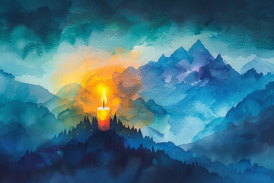 Watercolor flat design of a candle piercing the darkness in a cancer battle, top view, perseverance theme, triadic colors focus on, steadfast courage, vibrant, Manipulation, mountain peak backdrop