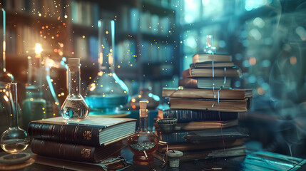 The interior of a wizard's library with glowing magic potions and books