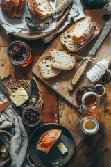 A breakfast table with slices of bread, butter and jam and a warm and inviting atmosphere.