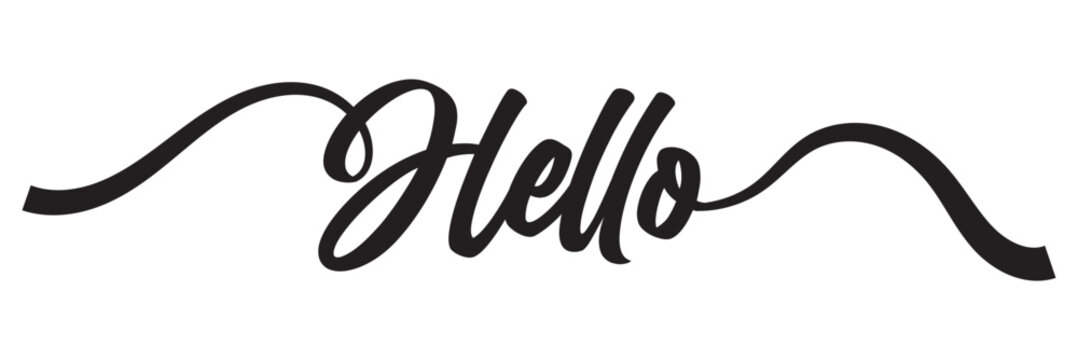 HELLO. Modern calligraphy script word hello. Hand-drawn cursive font text - hello. Vector illustration, white letters, black background. Lettering typography poster, vector, design logo. EPS 1o/AI