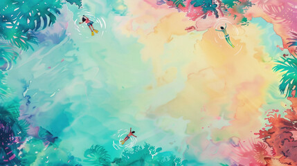 Vibrant abstract artwork depicting three individuals swimming in a colorful, tropical water scene surrounded by lush foliage