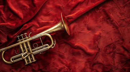 A shiny brass trumpet placed on a vibrant red background, highlighting its intricate details and rich metallic finish.