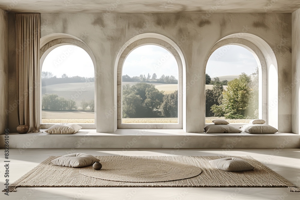 Wall mural Bright and minimalist living room with large arched windows, showcasing a stunning outdoor view and creating a serene and airy atmosphere