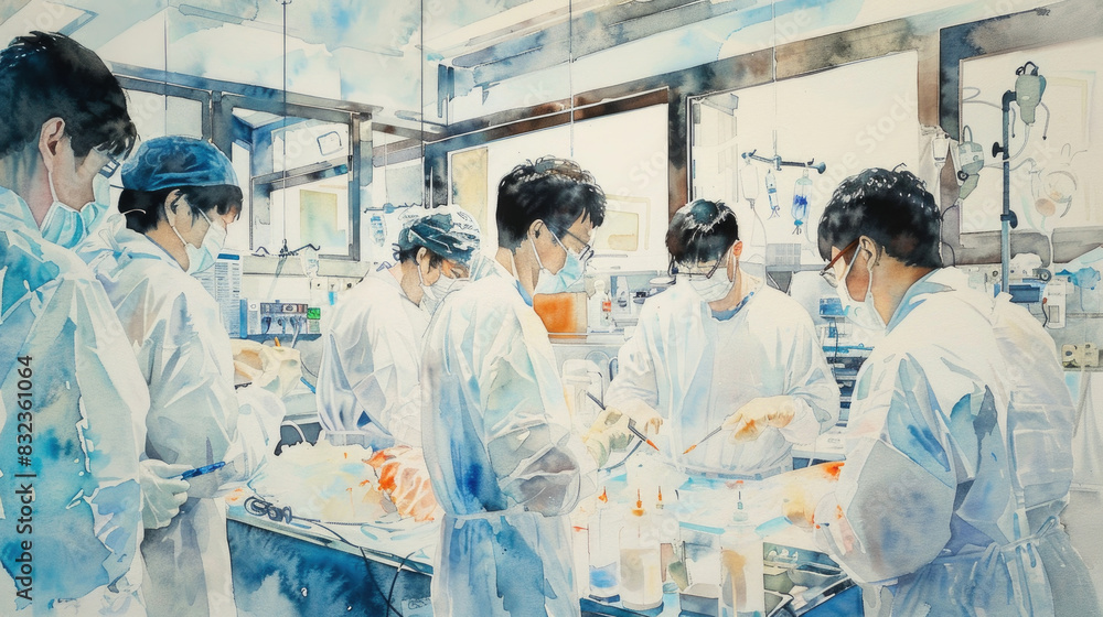 Poster a painting depicting a diverse group of individuals in a lab setting conducting various experiments 