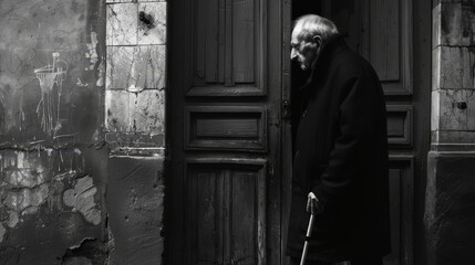An elderly man in a coat walks out of a wooden door with a cane. The image is in black and white.