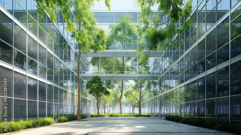 Poster a concept design of a glass office building with a biophilic design, featuring a central core filled