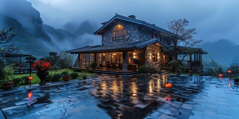 Fototapeta premium mountain, late night, country-style duplex villa, european-style single-building full picture, 