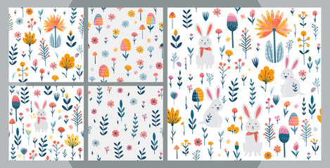 Set of vector colorful seamless Easter pattern with hand drawn flower.